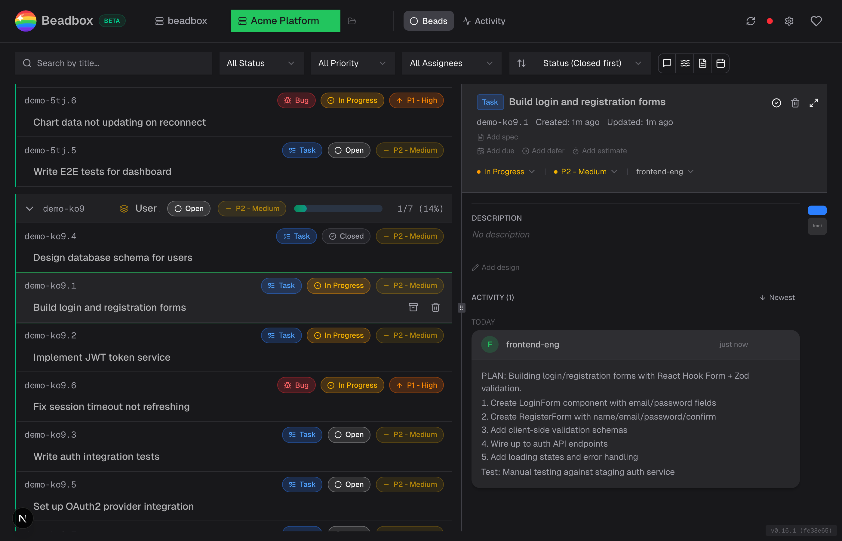 Beadbox main screen showing the epic tree on the left, detail panel on the right, and filter bar at the top