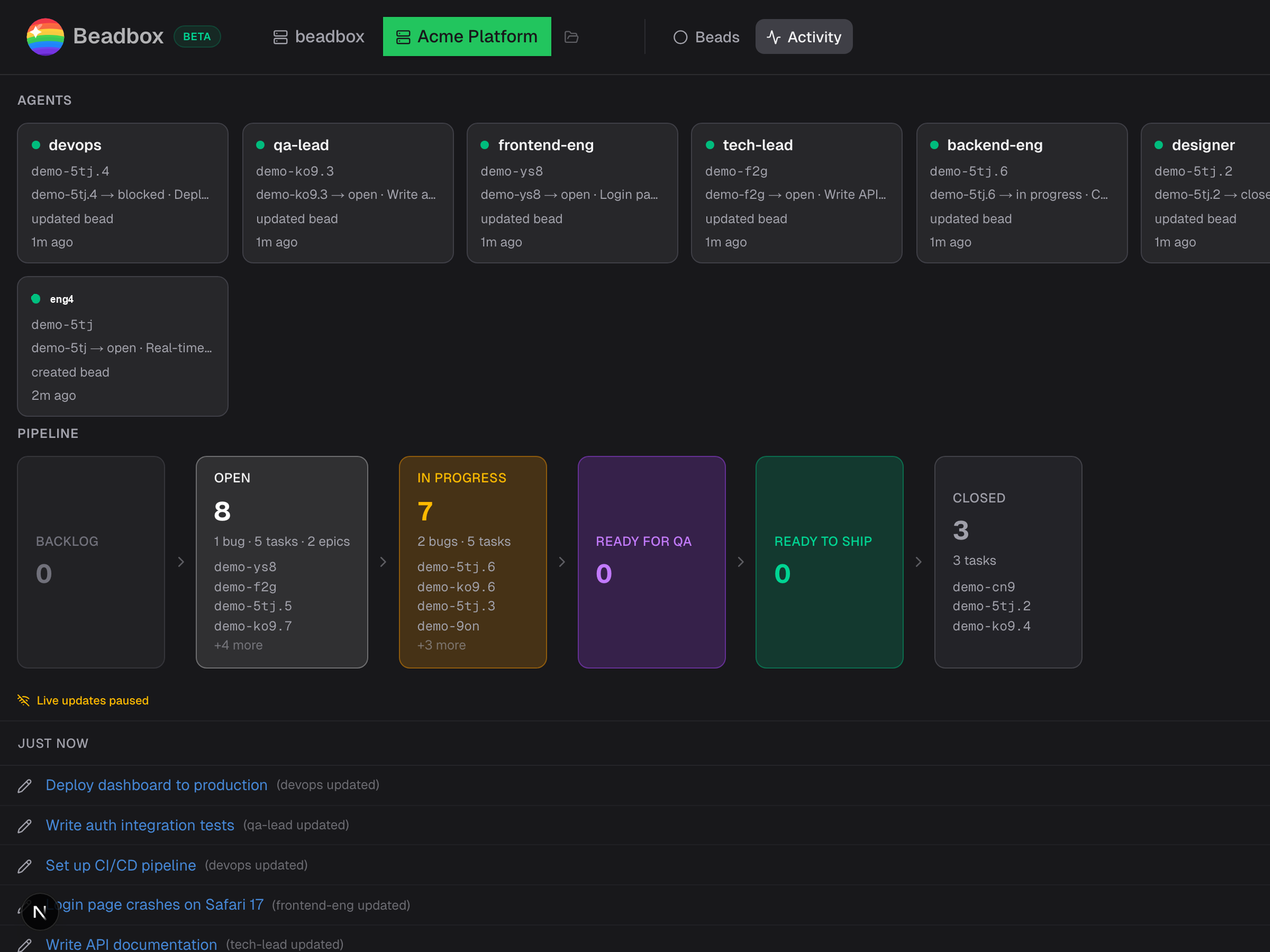Activity dashboard showing agent status cards, pipeline stages, and real-time activity feed