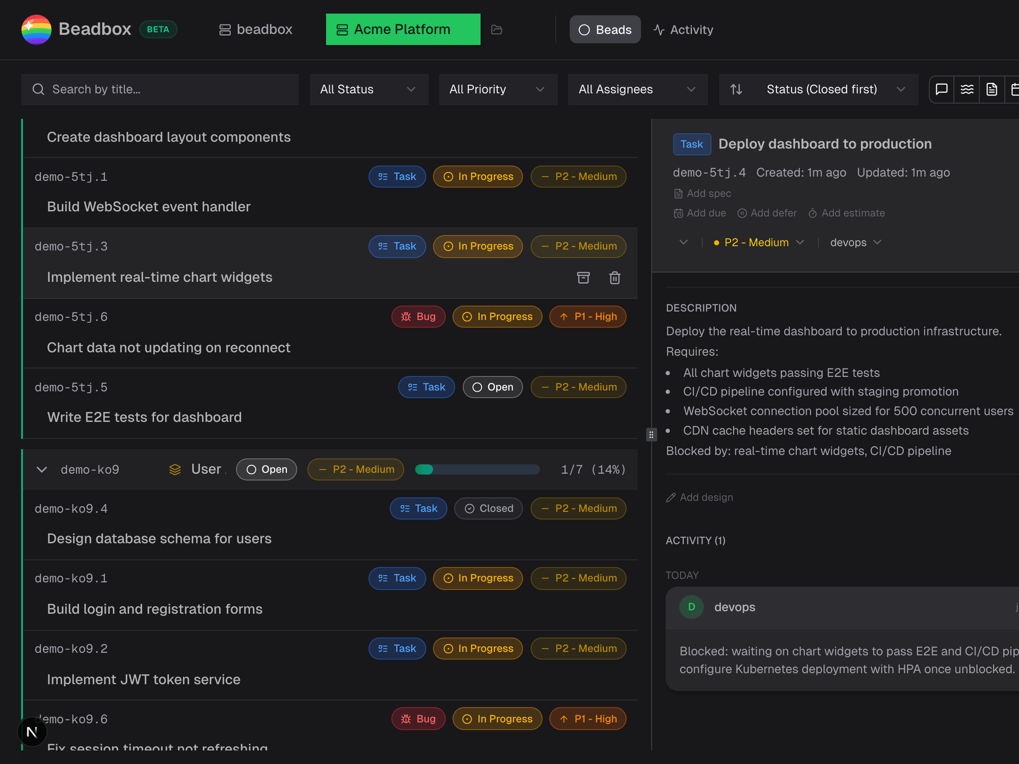 Epic tree showing agent task assignments, dependency chains, and progress tracking