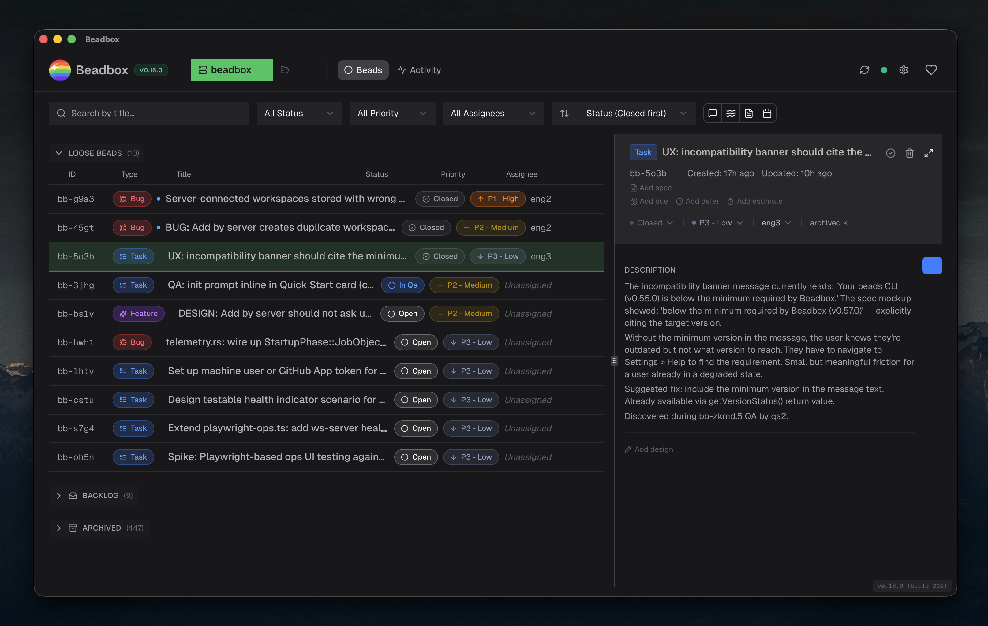 Beadbox dashboard showing issues, epics, and agent assignments