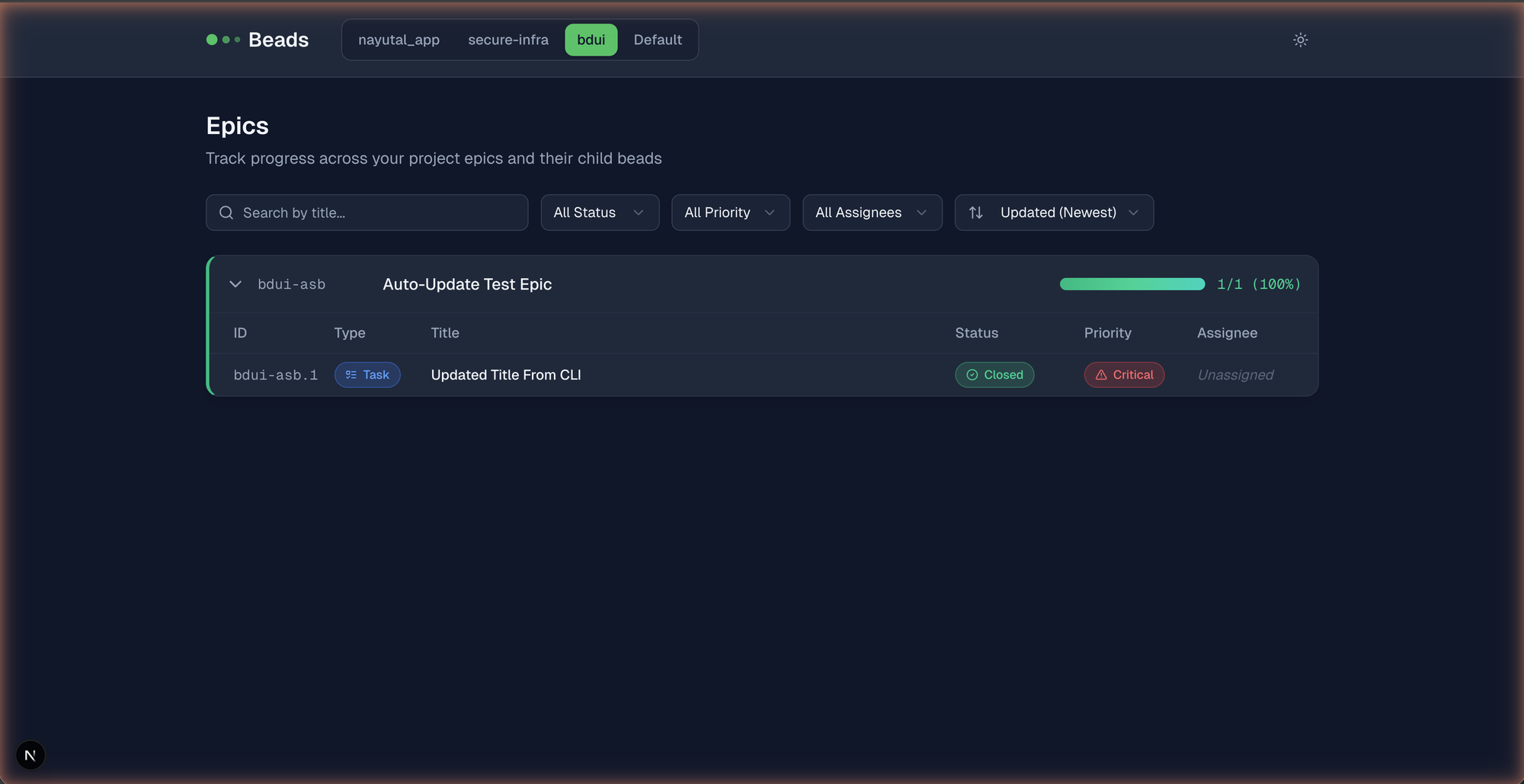 Epic tree view showing agent-created subtasks, dependency chains, and progress bars